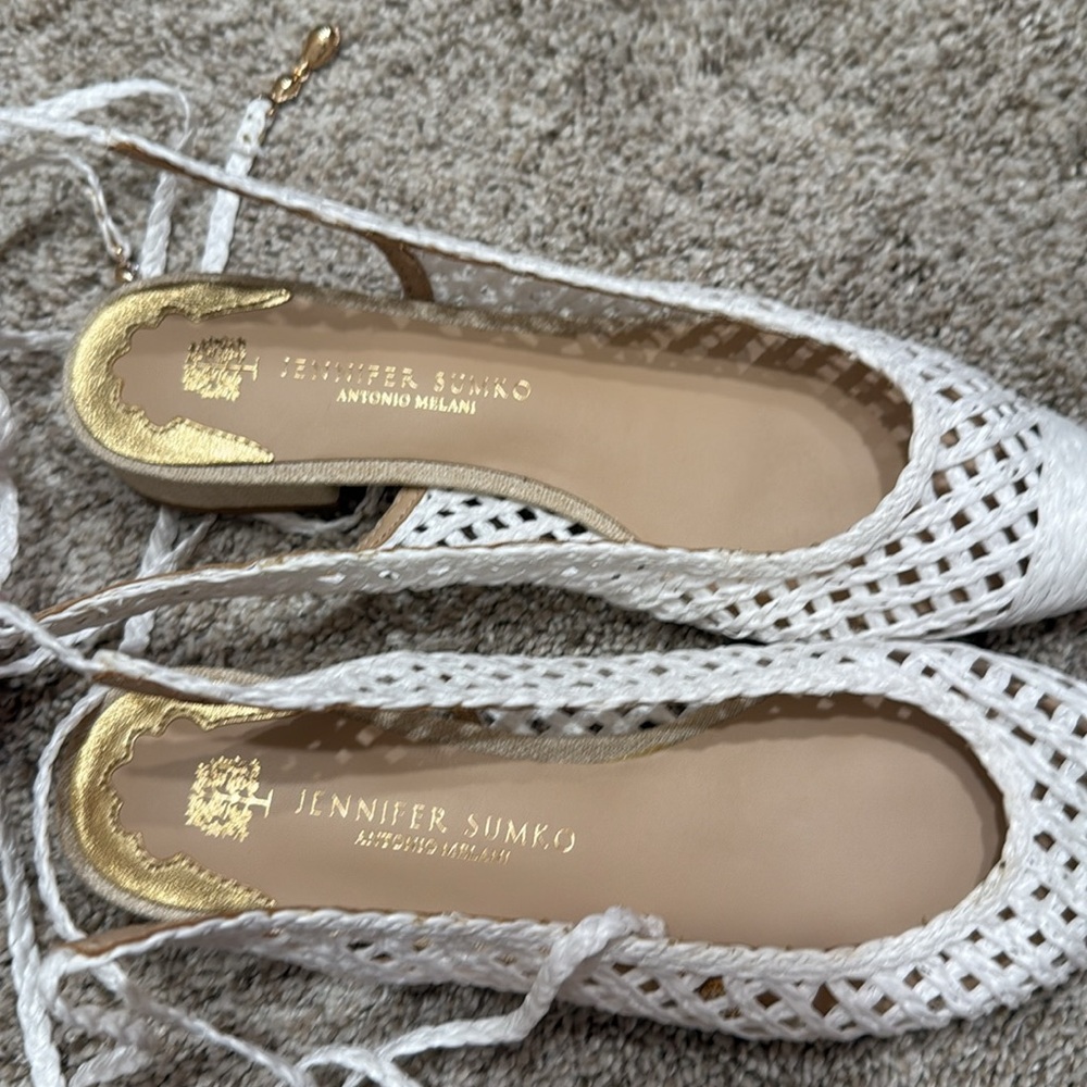 Jennifer Sumko x Antonio Melani Newport Woven White Lace Up Strappy Flats Sz 6.5 - Picture 3 of 6